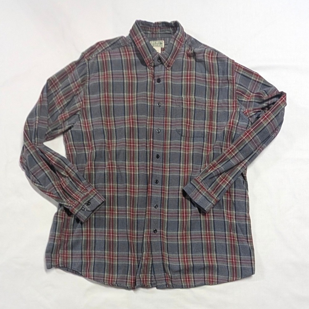 L.L. Bean Mens XXL Tall Plaid Flannel Shirt Grey Red Cotton